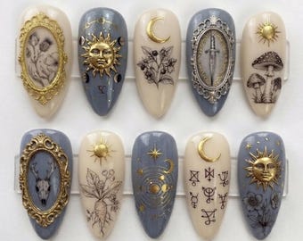 Faux ongles à coller Celestial Alchemy Witchy | Faux ongles mystiques Soleil Lune Épée Cadre Doré