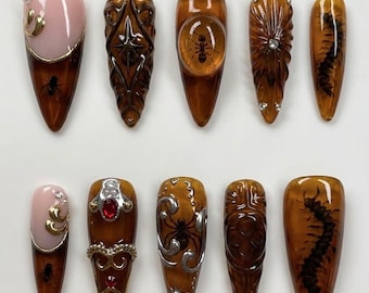Handmade Press On Nails | Vintage Amber Insect Specimen | 3D Ant in Resin, Centipede & Gold Victorian Filigree Art