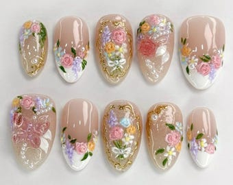 Handmade Vintage Floral Press On Nails: 3D Roses, Pearls & Gold Ribbon