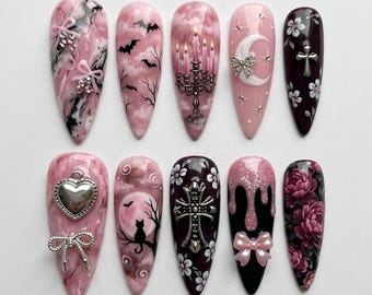 Handgefertigte Presse auf den Nägeln | Pastell Goth Rosa | Spukhaus & Gothic Cross Art