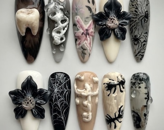 3D Gothic Tooth Spider Press On Nails | Dark Web Bone Black Flower Creepy Y2K Fake Nails