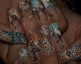 Exotic Safari Appuyez sur les ongles | Léopard, serpent, vert jungle, accents dorés
