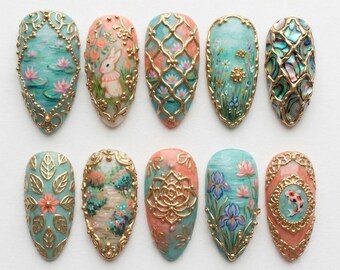 3D Vintage Garden Bunny Press On Nails | Gold Filigree Lotus Koi Fish Cottagecore Fake Nails