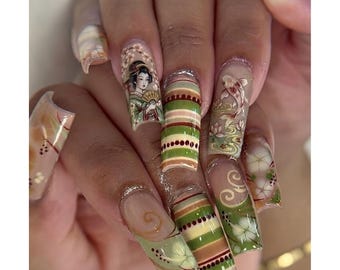 Traditional Japanese Geisha and Koi Fish Acrylic Nails | Handpainted Green and Gold Botanical Art Fake Nails
