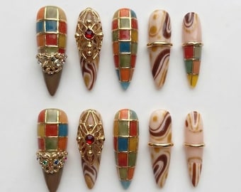 Faux ongles à pression effet vitrail vintage | Faux ongles de luxe rétro cloisonnés en pierres précieuses
