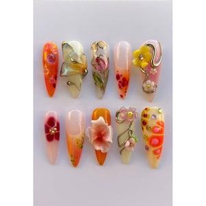 Handmade 3D Floral Press On Nails: Tropical Citrus Summer Art