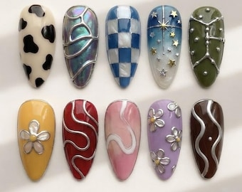 Eclectic Mix Match Press On Nails: Cow Print, Blue Checkerboard, 3D Flowers, Stars & Silver Metallic Lines Design