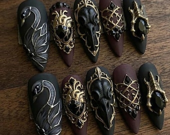 Handmade Press On Nails | Gothic Dark Swan Art | Raven Skull & Heart Jewel Set