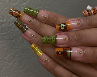 Handmade Tribal Press On Nails | Olive Green, Orange & Gold Coffin Set