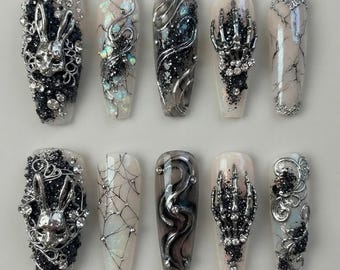 3D Gothic Bunny & Skeleton Hand Press On Nails | Silver Metallic Spiderweb Glitter Dark Fairycore Fake Nails