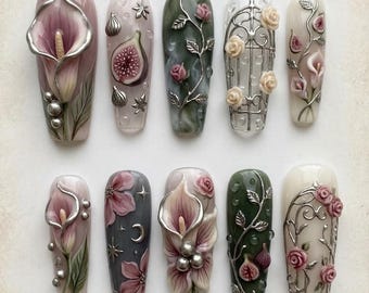 Presse faite main sur les ongles | Jardin floral baroque | Motif 3D figue et calla argenté