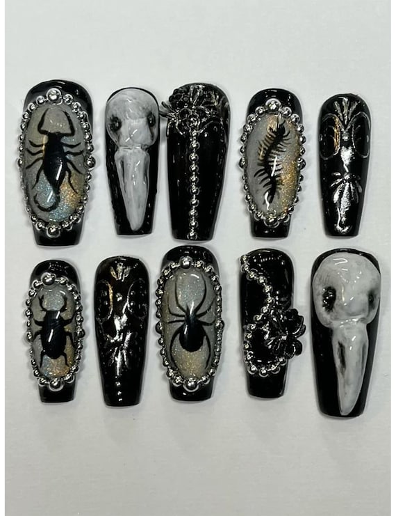 Handmade Gothic Press On Nails: 3D Spiders, Skulls, Holographic Black Coffin Nails
