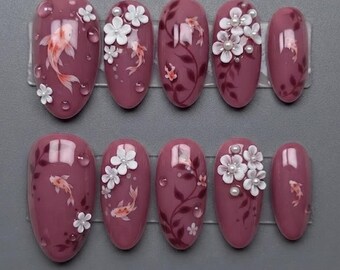 Ongles à coller élégants en forme de carpe koï mauve 3D et de fleur | Faux ongles esthétiques japonais en forme de goutte d'eau
