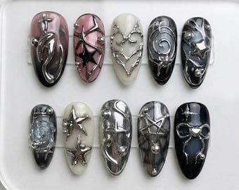 Silver Cyberpunk Gothic Press On Nails | Chrome Star Heart Bow Pentagram Cross Pink Grey Cat Eye Metallic Y2K Nails