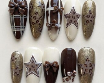 3D Brown Bow Leopard Print Press On Nails | Gold Glitter Star Plaid Y2K Coquette Fake Nails