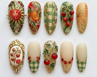 Handmade Press On Nails | Whimsical Tomato Girl Cottagecore | 3D Sacred Heart & Green Gingham Design