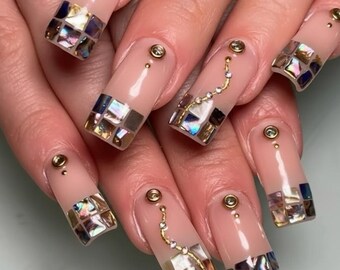 Iridescent Gemstone French Tip Press Ons | Mother of Pearl & Gold Accent Nails | Luxury Square Set
