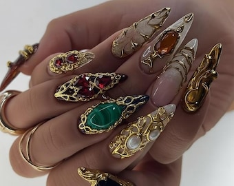 Royal Baroque Press-On Nails | Gold Armor & Gemstone Charms.