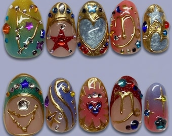 Ongles à presser Sailor Moon : breloques en or 3D, ensemble d'étoiles du zodiaque kawaii