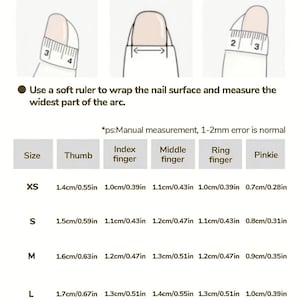 Peut inclure: Sch&eacute;ma expliquant comment mesurer la taille des ongles avec un m&egrave;tre souple. Les mesures en cm et en pouces sont fournies pour le pouce, l'index, le majeur, l'annulaire et l'auriculaire, avec les tailles XS, S, M et L.