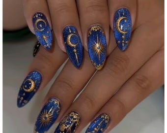 Handmade Galaxy Cat Eye Nails | Blue Moon & Gold Star Celestial Press On