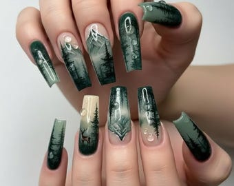 Handmade Deep Forest Nails | 3D Water Drops, Pine Tree & Mountain Press On