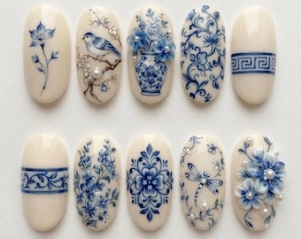 Faux ongles à pression en porcelaine bleue à motif floral | Ongles fantaisie vintage chinoiserie oiseau 3D perle