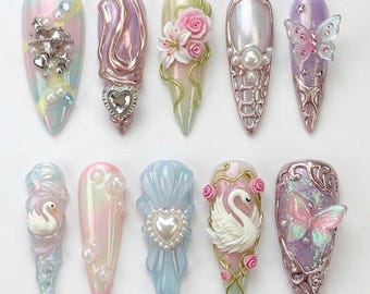 Presse faite main sur les ongles | Princesse cygne lunatique | Joli cygne blanc 3D, papillon rose et roseraie