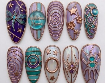 Witchy Whimsical Press on Nails | 3D Dragonfly Spider Star Art | Purple Teal Stained Glass Custom Luxury Fake Nails