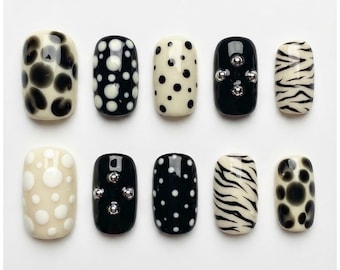 Black and White Zebra Leopard Polka Dot Press On Nails | Animal Print 3D Bulging Bead Silver Marble Trippy Cool Mix Nails