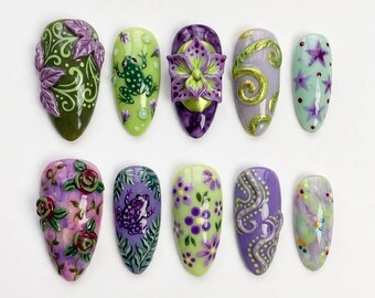 Fairycore Frog Press on Nails | 3D Orchid Forest Garden Art | Mood Aesthetic Goblincore Purple Green Custom Luxury Fake Nails