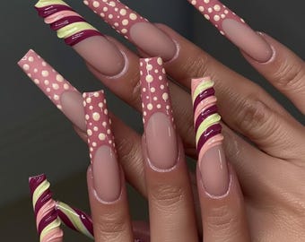 3D Candy Swirl Press On Nails | Pink Polka Dot Coffin Set