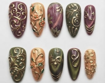 Faux ongles à pression style baroque royal vintage | Ongles antiques à tourbillons chromés dorés