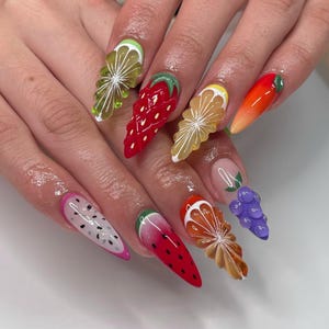 Handmade 3D Tropical Fruit Press On Nails: Glossy Stiletto Summer Party Look