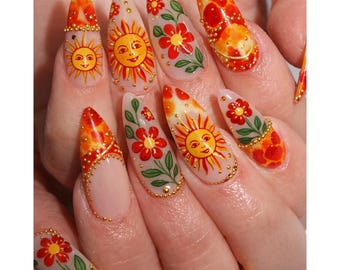 Celestial Sun & Red Floral Press On Nails | Hand-painted Folk Art, Gold Caviar Bead Designs