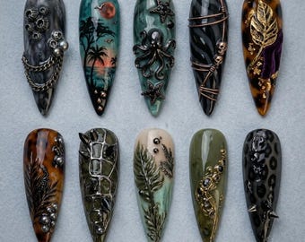 Presse faite main sur les ongles | Gothique Deep Ocean | Poulpe foncé 3D, chaînes métalliques, motif écaille de tortue et feuille de fougère de la jungle