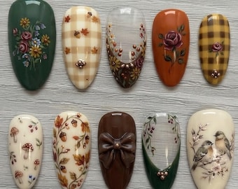 Ongles à presser confortables Cottagecore d'automne : nœud en chocolat 3D, oiseaux des bois détaillés, champignons et motif artistique à carreaux vichy