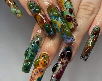 Abstract Glass Art Blob Droplet Long Nails.