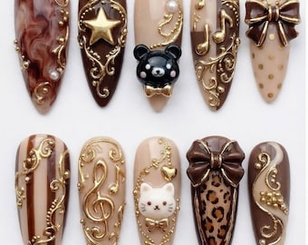 Vintage Teddy Bear & Cat Symphony Nails: 3D Animal Charms, Musical Notes, Leopard Print And Gold Rococo Filigree Chocolate Design
