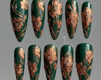 Handmade Press On Nails | Vintage Emerald And Bronze Botanical | 3D Sculpted Copper Flowers & Gold Dust Art
