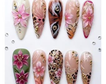 Handgefertigte Presse auf den Nägeln | Wild Tiger & Leopard | 3D rosa Blumen Barock Design