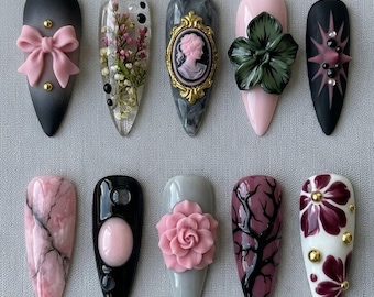 Unghie finte fatte a mano / Estetica gotica civettuola / Cameo 3D, fiocco rosa e decorazioni floreali pressate