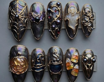 Ongles gothiques d'Halloween à presser : lanterne baroque 3D, fantôme de perles, chaudron de sorcière et crânes effrayants
