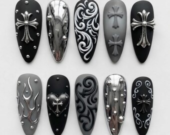 Gothic Black Silver Cross 3D Press On Nails | Chrome Heart Flame Scroll Metallic Y2K Fake Nails