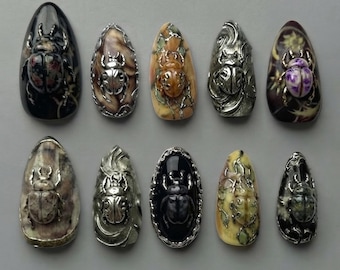 Gothic Beetle Press on Nails | 3D Insect Bug Art | Silver Metallic Stone Custom Luxury Fake Nails