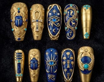 Presse faite main sur les ongles | Esthétique de la royauté égyptienne antique | Scarabée doré 3D, oeil d'Horus et art ankh