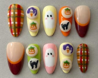 Faux ongles fantômes mignons pour Halloween | Faux ongles effrayants kawaii citrouille chat noir carreaux