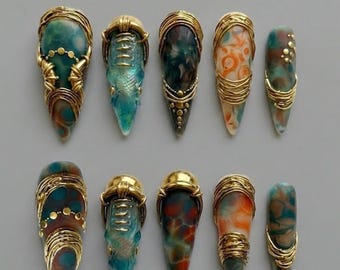 Handmade Nails | Ancient Elven Wire Wrap & Marbled Gemstone