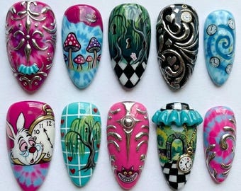 Presse faite main sur les ongles | Alice au pays des merveilles | Tea Party 3D et oeuvre d'art chat du Cheshire