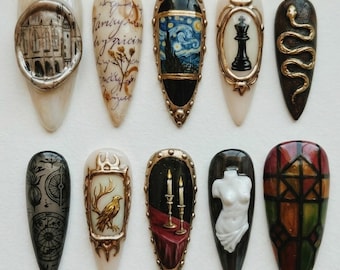 Presse faite main sur les ongles | Université sombre et art vintage | Nuit étoilée Van Gogh et conception de sculpture ancienne